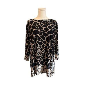 Susan Graver Women's XL Soft Stretchy Black Animal Print Relaxed Casual Blouse